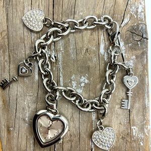 Silver tone link charm bracelet with heart shaped watch (needs battery)